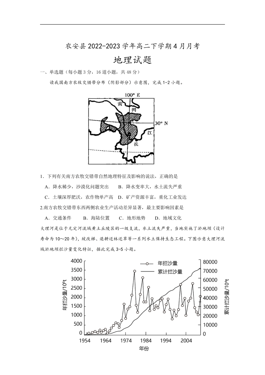 吉林省长春市农安县2022-2023学年高二下学期4月月考地理试卷（含答案）