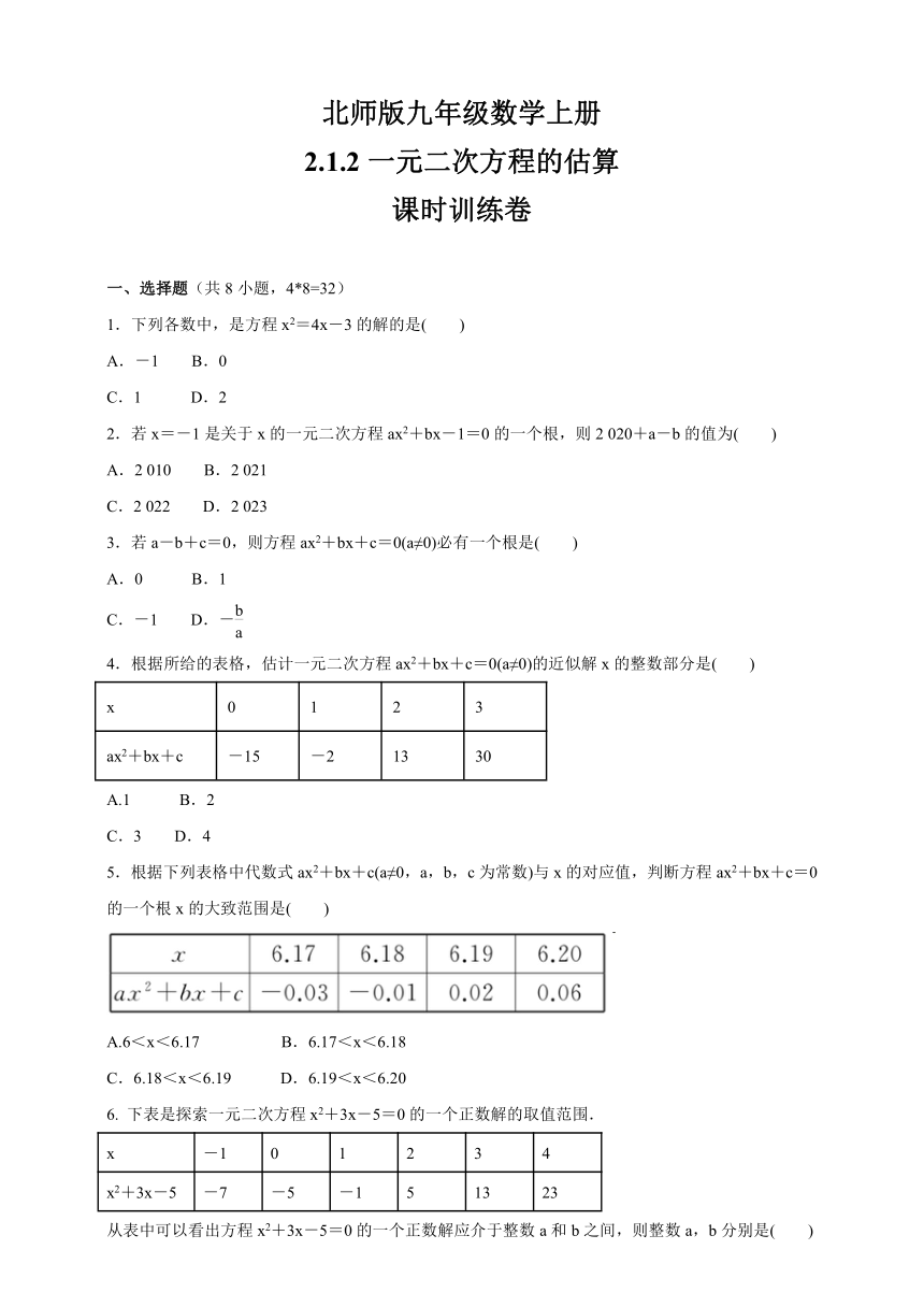 2.1.2一元二次方程的估算  课时训练卷  2021-2022学年北师版九年级数学上册 （Word版 含答案）