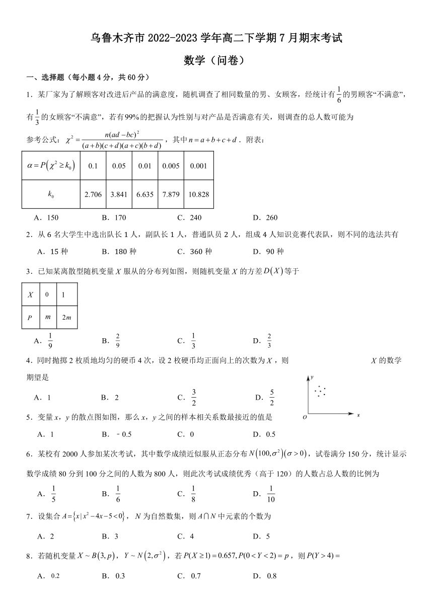 新疆维吾尔自治区乌鲁木齐市2022-2023学年高二下学期7月期末考试数学试卷（Word版含答案）