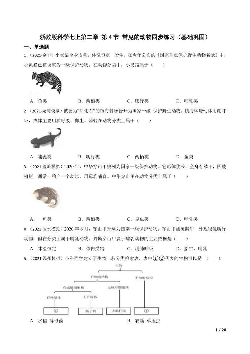 浙教版科学七上第二章 第4节 常见的动物同步练习（基础巩固）