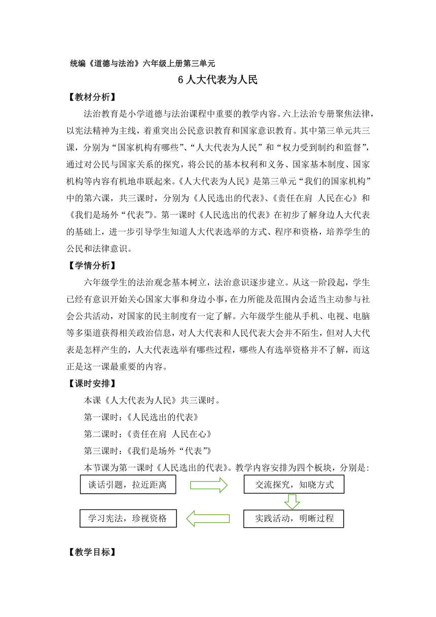 小学道德与法治 六年级上册3.7《人大代表为人民》教案