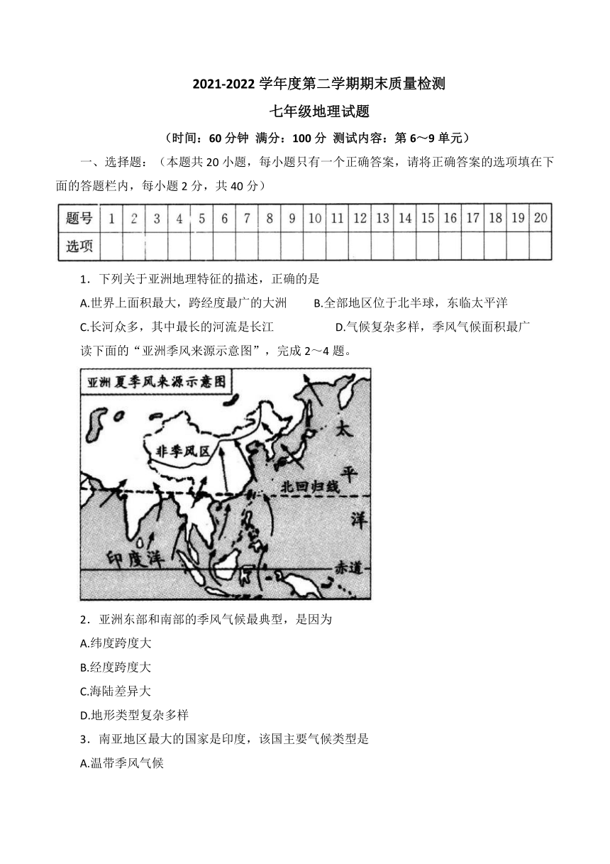 山东省济宁市兖州区2021-2022学年七年级下学期期末测评地理试卷（Word版含答案）