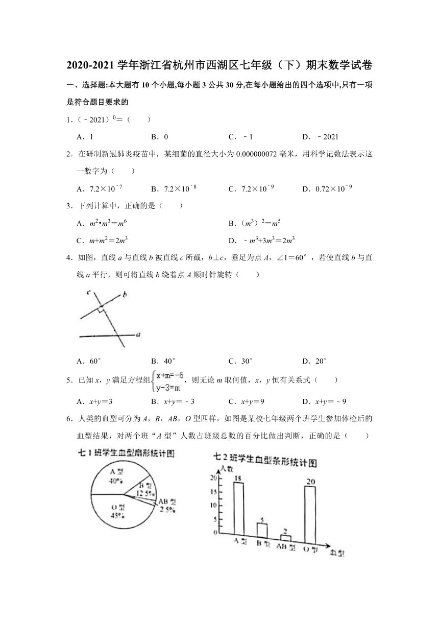 2020-2021学年浙江省杭州市西湖区七年级（下）期末数学试卷（Word版无答案）