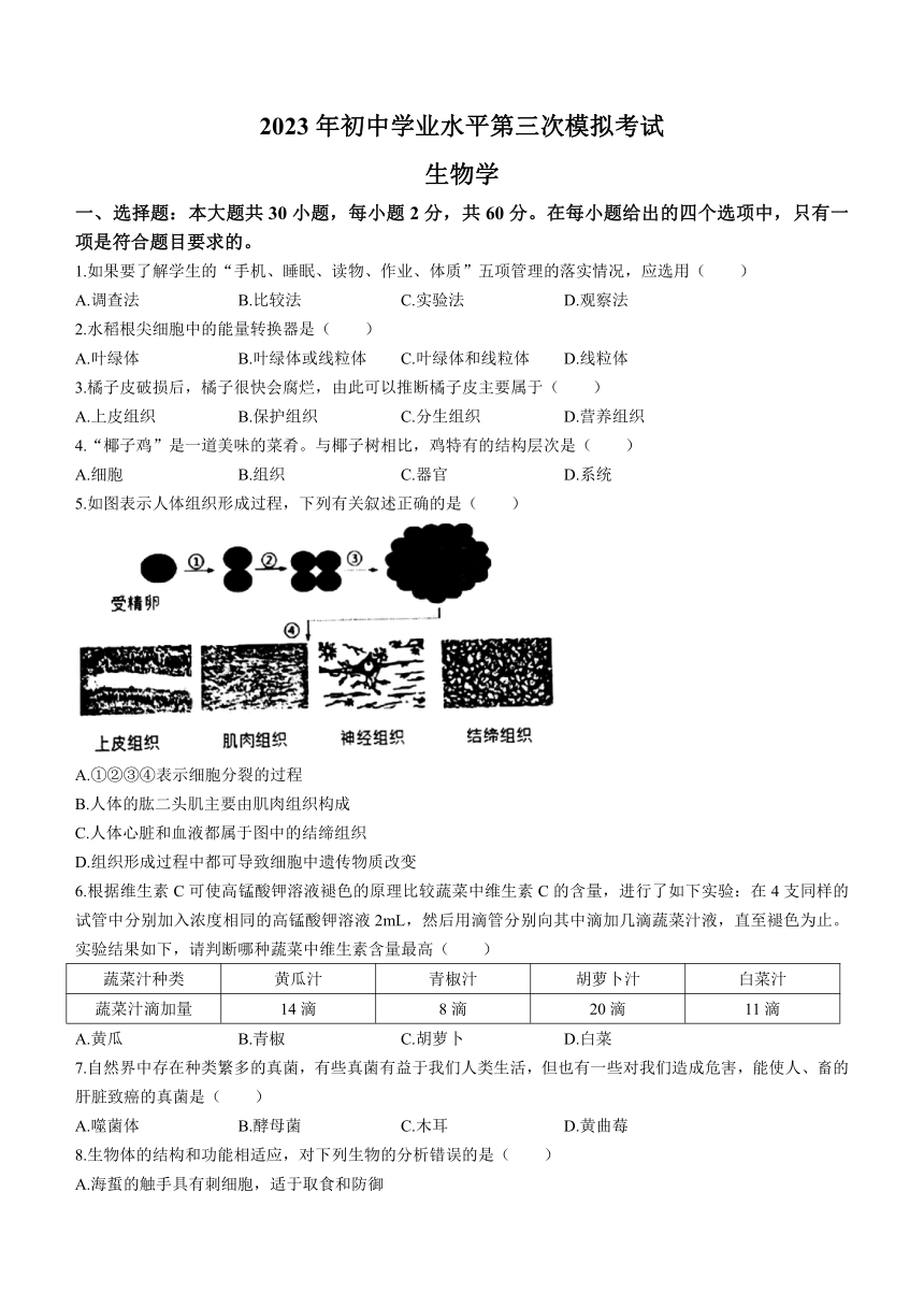 2023年广东省东莞市常平镇中考三模生物试题(含答案)