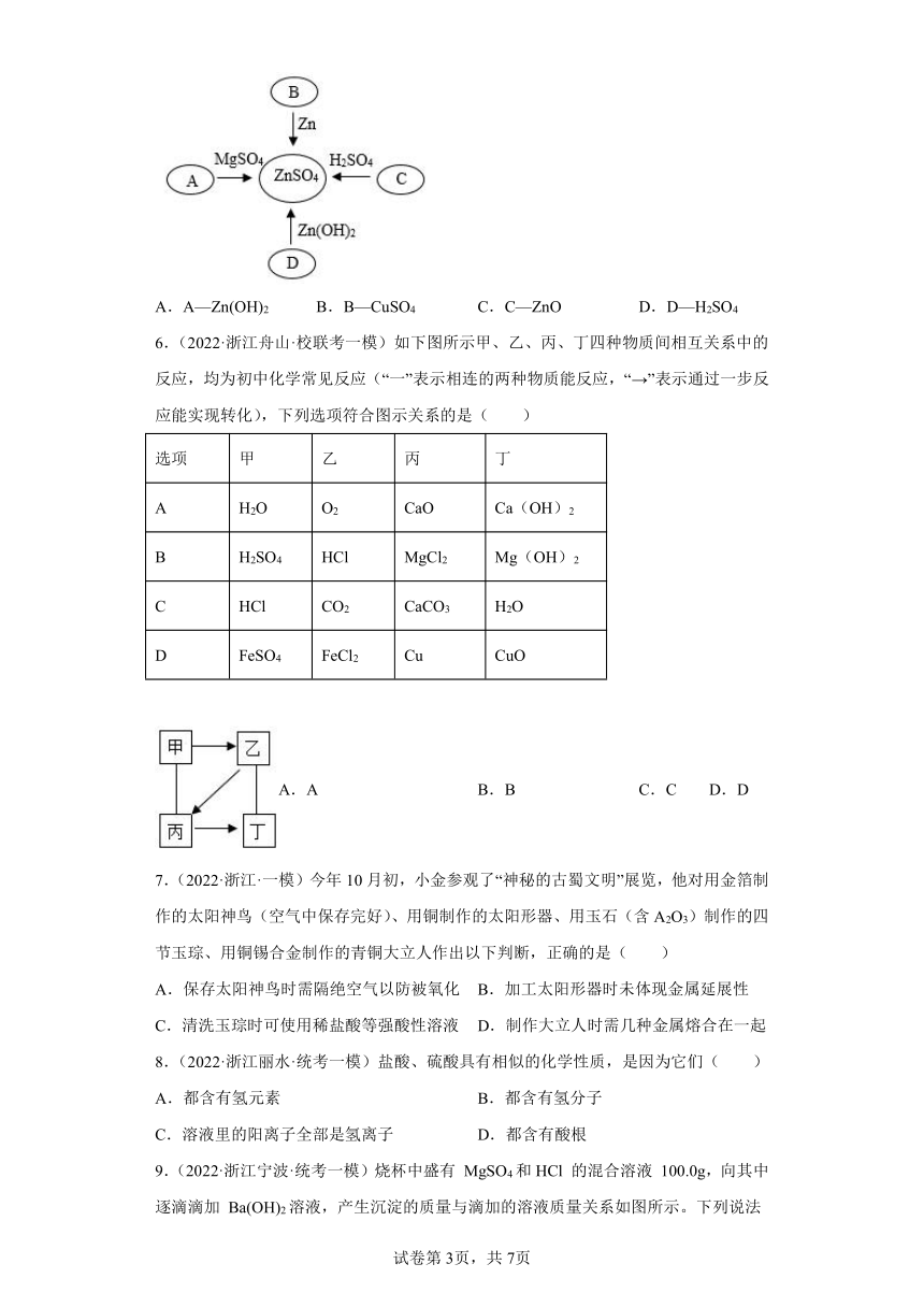 浙江省2022年中考科学模拟题汇编-33酸的化学性质（含解析）