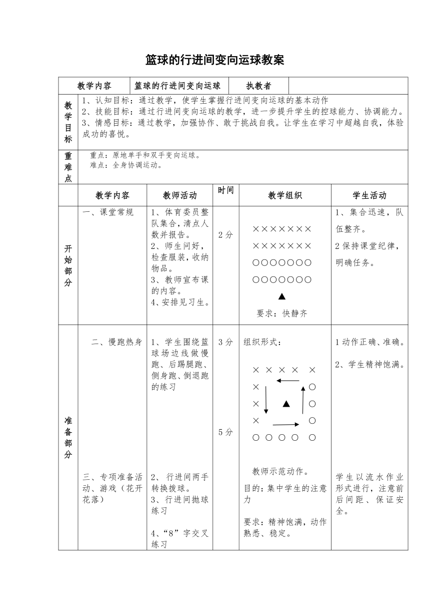 人教版初中体育与健康九年级全一册第四章　篮球——篮球的行进间变向运球教案　（表格式）