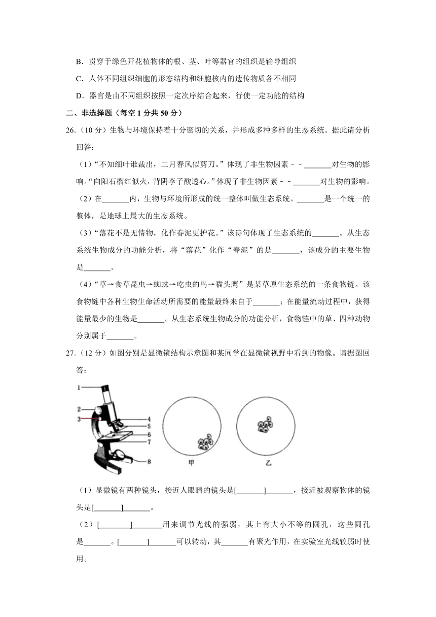 2020-2021学年山东省泰安市泰山区六年级（上）期末生物试卷     （含解析）