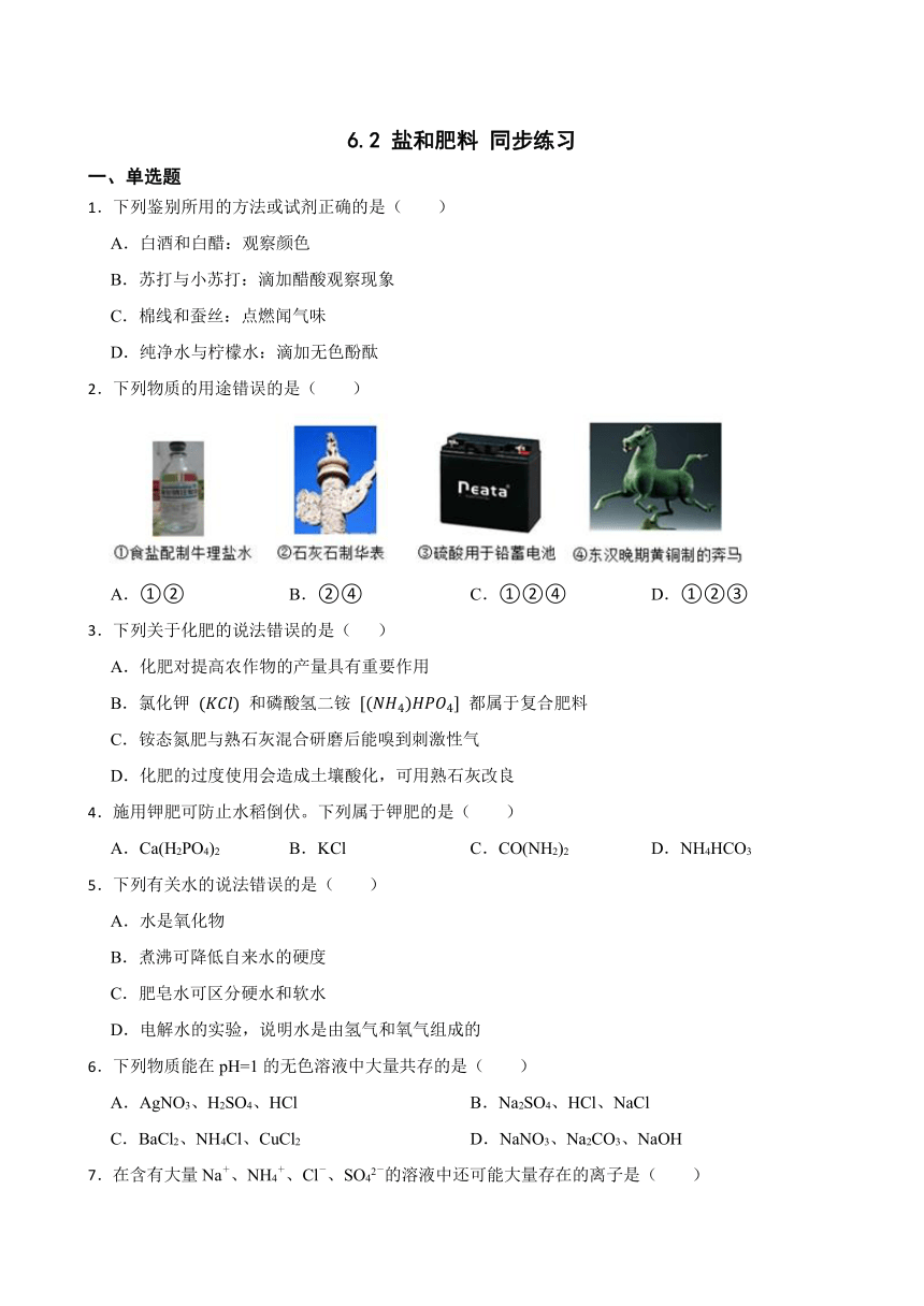 6.2 盐和肥料 同步练习 （含答案）2022-2023学年沪教版（上海）九年级下册化学