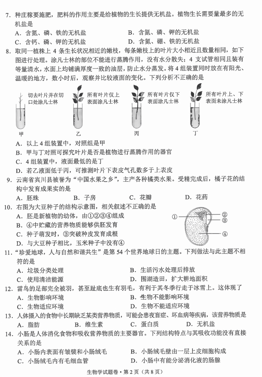 2023年云南省初中学业合格性水平考试生物试题（pdf版含答案）