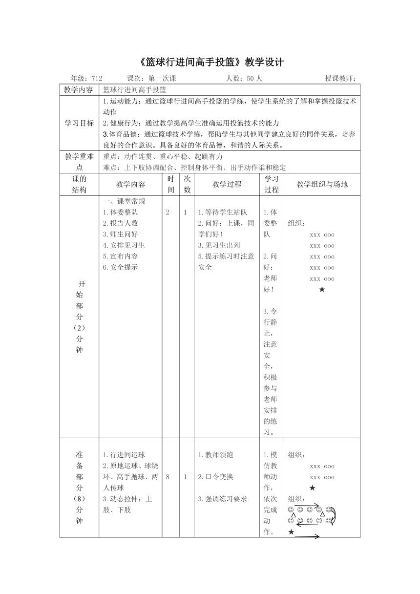 人教版 初中体育与健康 必修 第4章 篮球——篮球行进间高手投篮 教案（表格式）