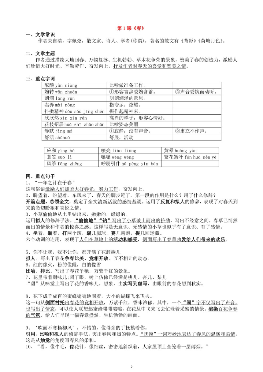 部编版语文七年级上重点知识点汇总（PDF版）