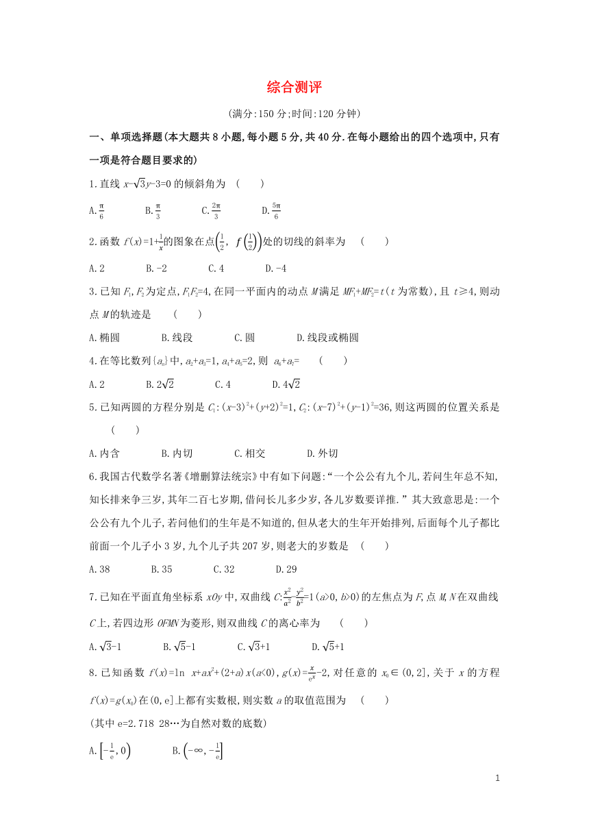 2022版新教材高中数学综合测评（word版含解析）苏教版选择性必修第一册