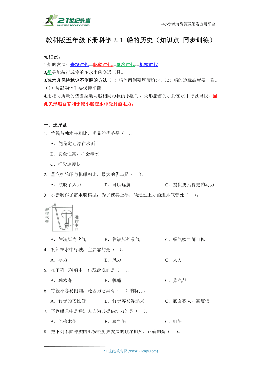 教科版五年级下册科学2.1船的历史（知识点+同步训练）