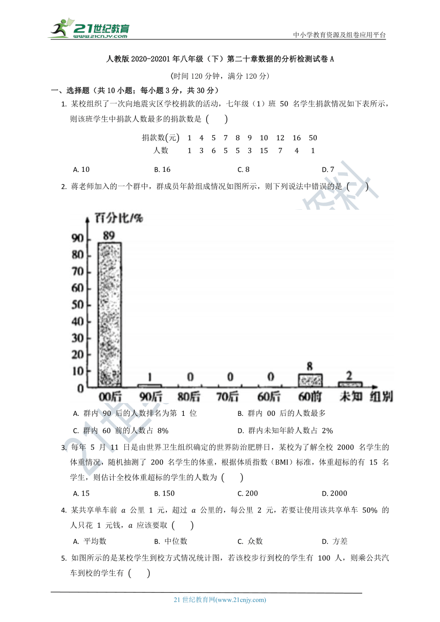 第二十章 数据的分析单元质量检测试卷A（含答案）