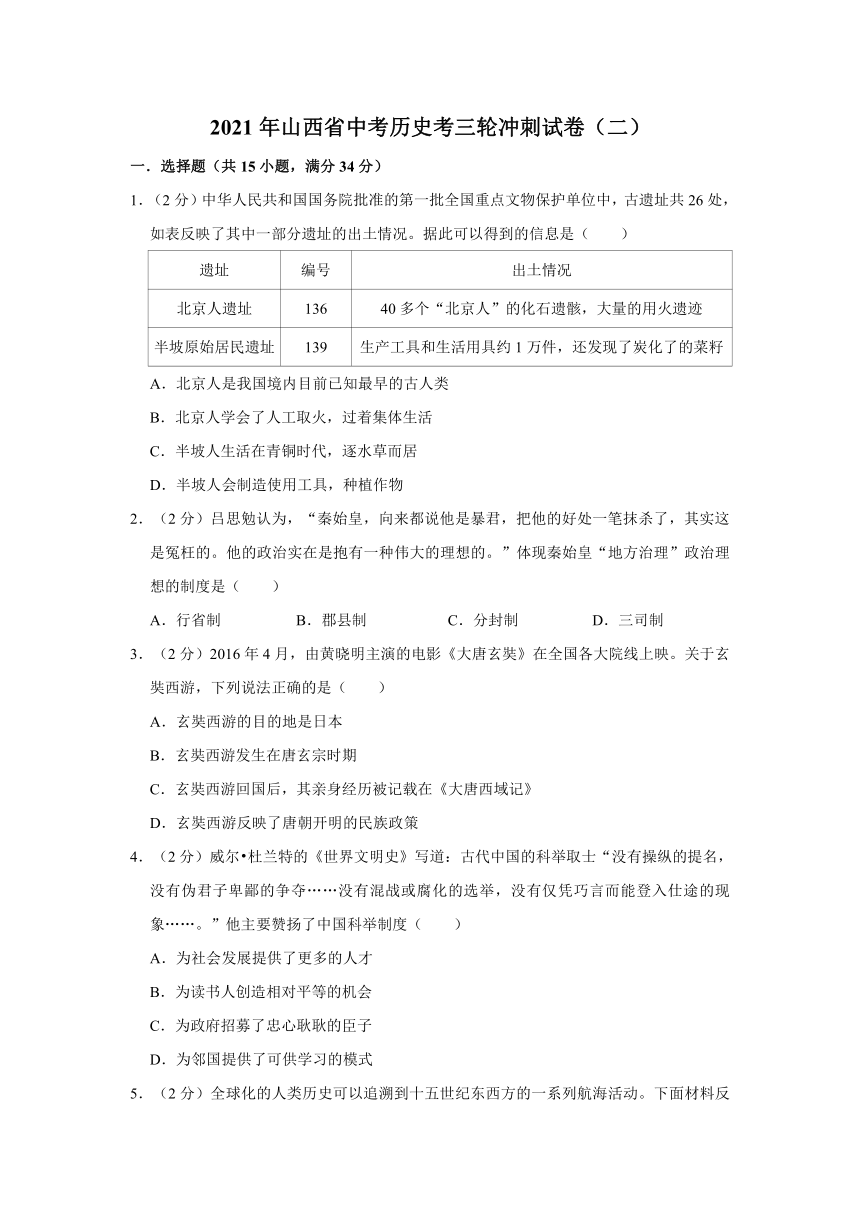 2021年山西省中考历史考三轮冲刺试卷（二）（含解析）