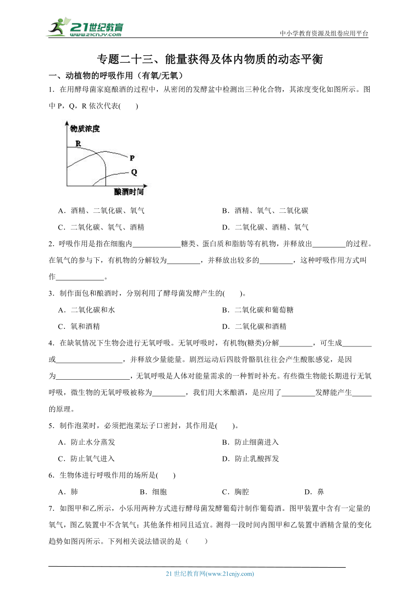 浙教版九上第四章专题二十三、能量获得及体内物质的动态平衡（含解析）