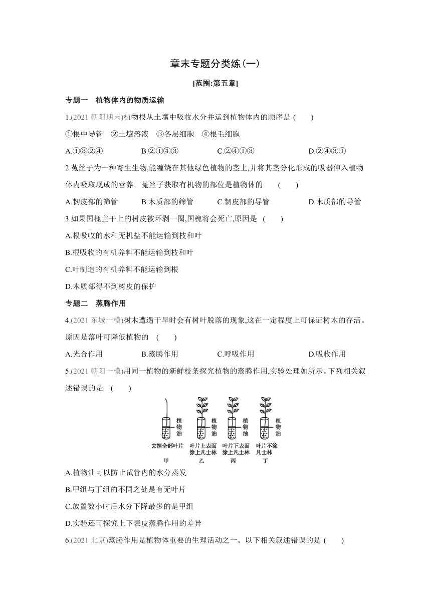 北京版生物七年级下册同步练习：第五章　生物体内的物质运输 专题分类练(word版含答案）