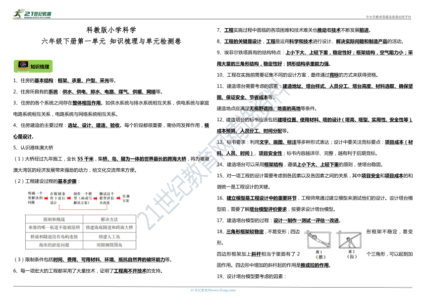 教科版（2017秋）小学科学六年级下册第一单元 知识梳理与单元检测卷（含答案）