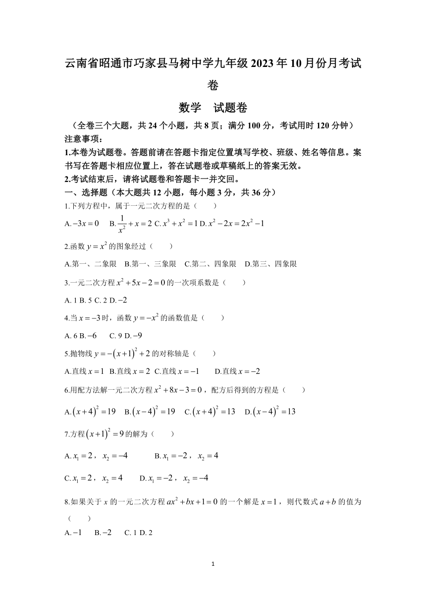 云南省昭通市巧家县马树中学2023-2024学年九年级上学期10月月考数学试题(无答案)