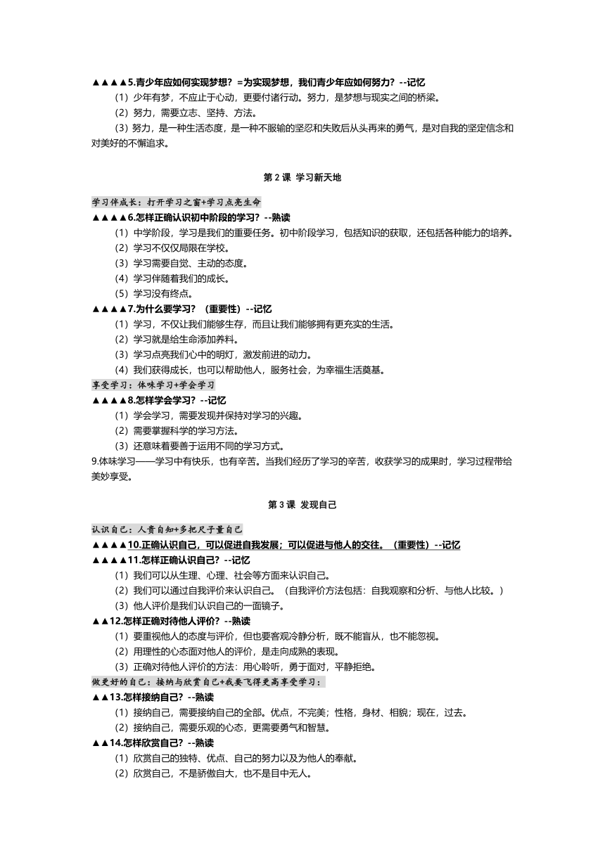 2021年中考道德与法治一轮复习：七上 第一二三四单元  总复习案