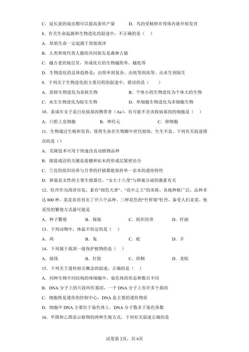 鲁教版生物八年级下册期末检测夯实基础强化训练试题1（含解析）