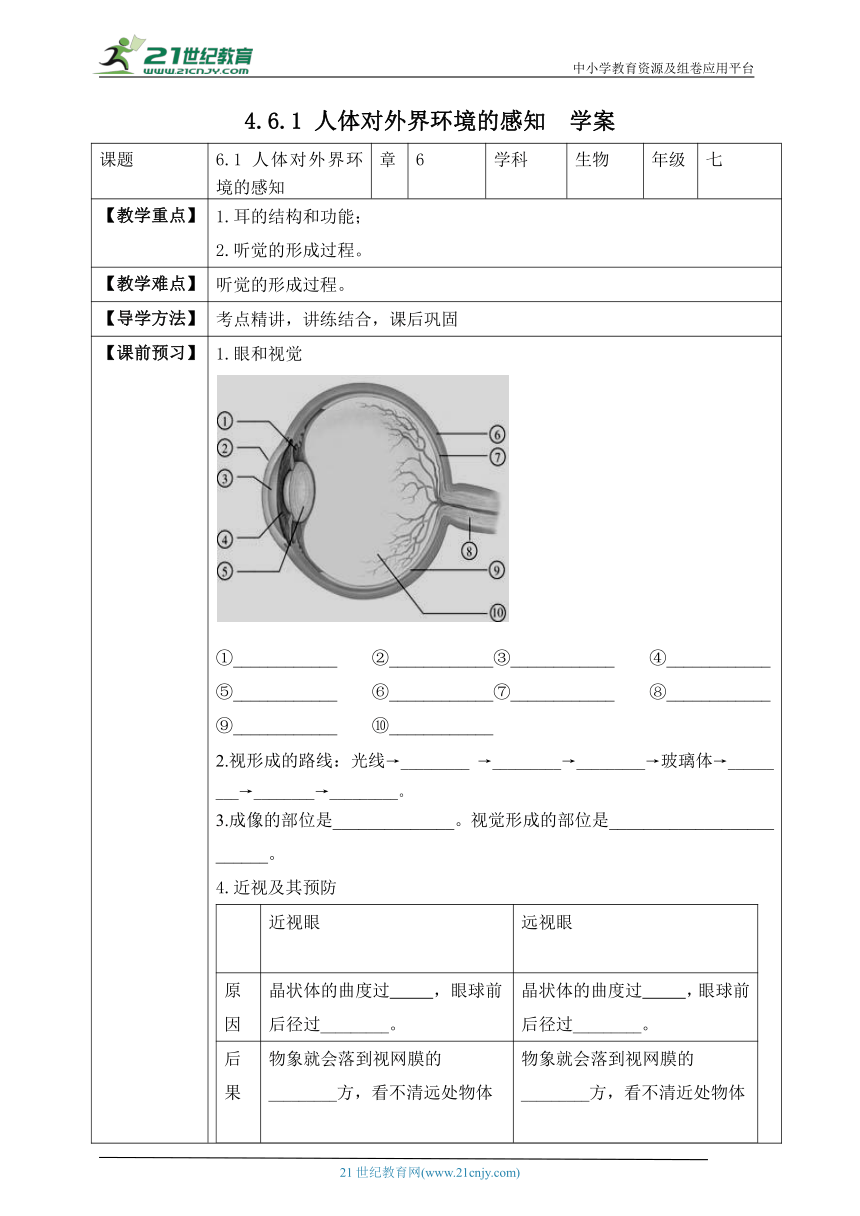 4.6.1 人体对外界环境的感知-2022-2023学年七年级生物下册同步学案（人教版）（含答案）