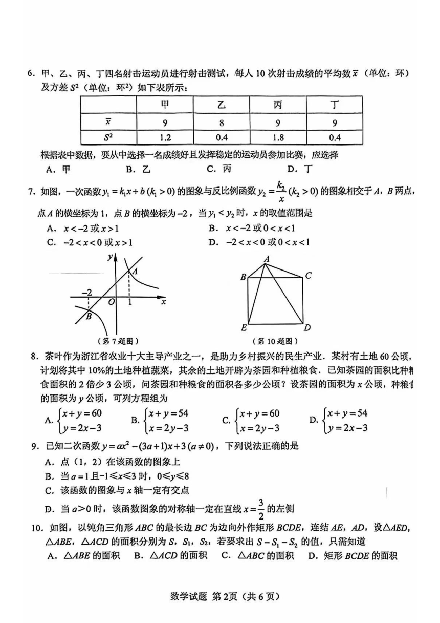 2023年浙江省宁波市中考数学真题（pdf、无答案）