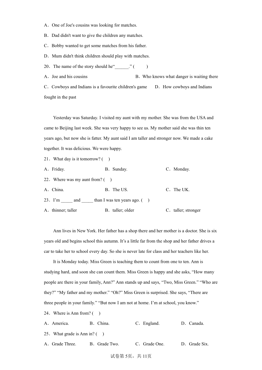英语五年级下册 外研版（三起）Module 6 阅读理解专项训练（含答案）