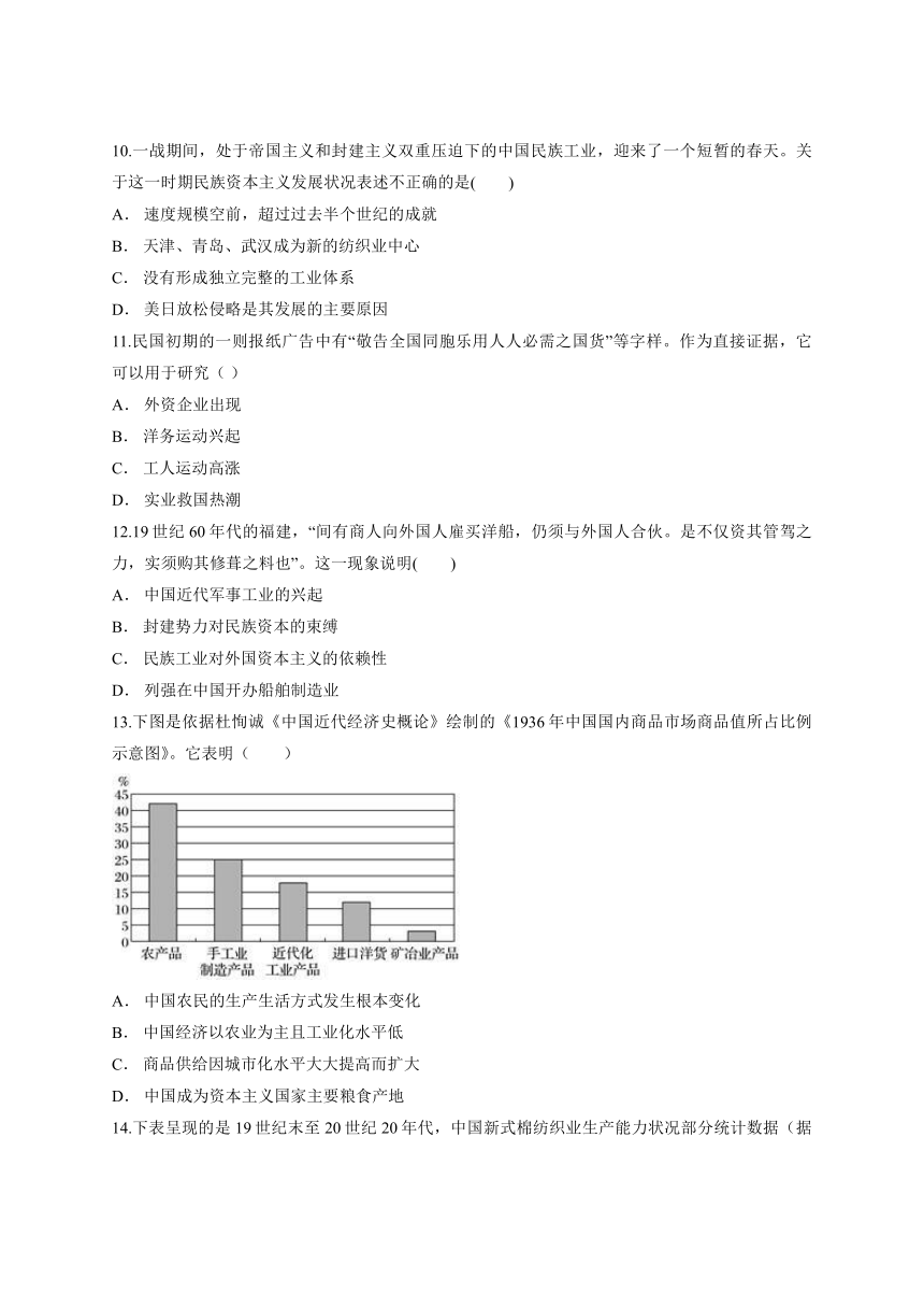 【解析版】人教版高中历史必修2第三单元《近代中国经济结构的变动与资本主义的曲折发展》测试卷