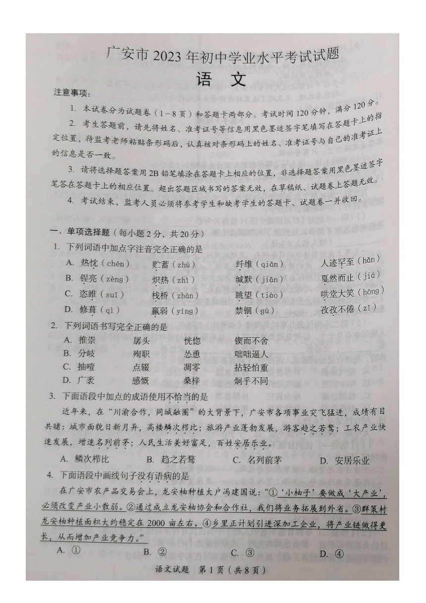 2023年四川省广安市中考语文真题（图片版无答案）
