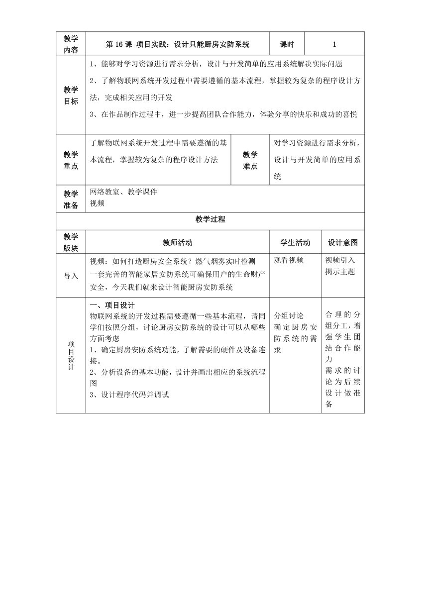 第16课《项目实践：设计智能厨房安防系统》教案