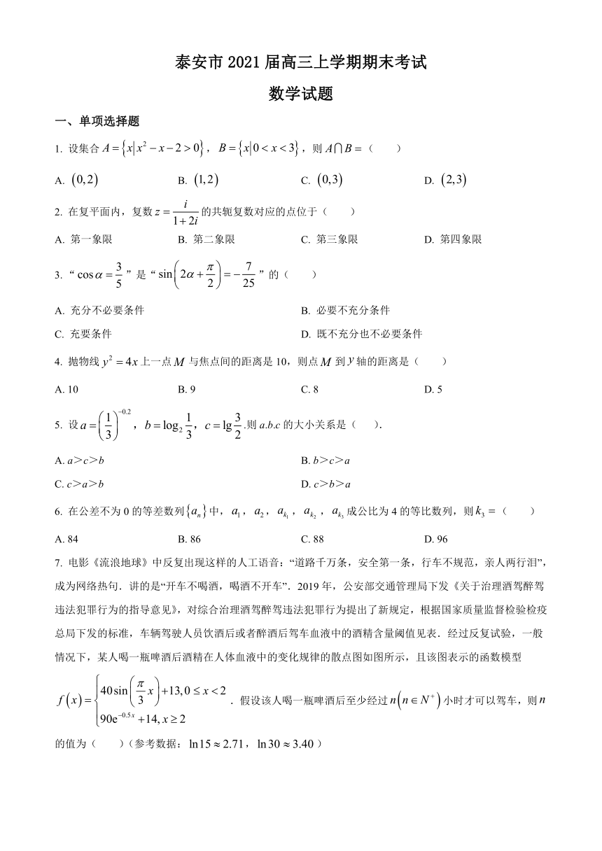 山东省泰安市2021届高三上学期期末考试数学试题 Word版含答案