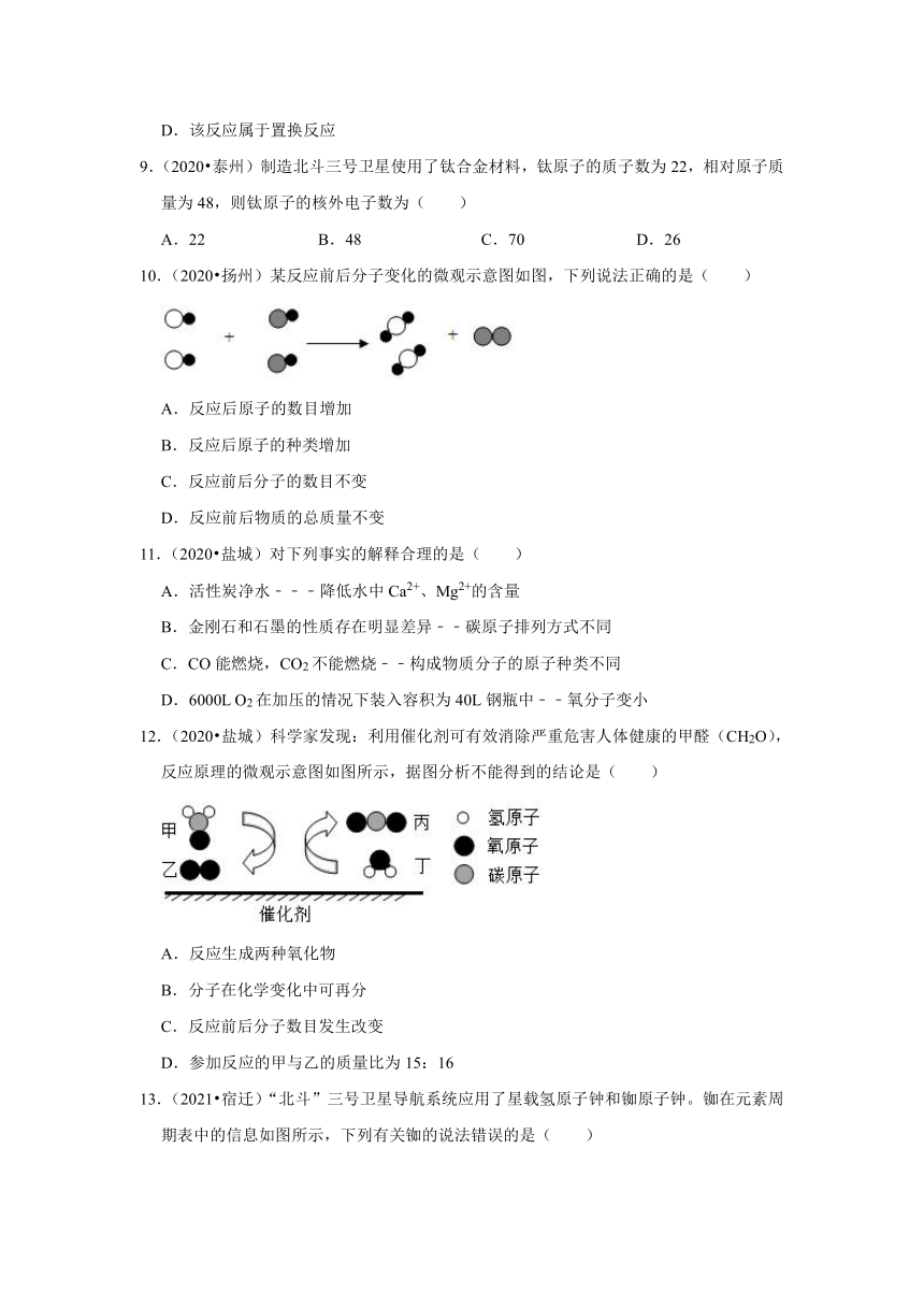 2019-2021年江苏省中考化学试题分类汇编——专题1分子、原子、元素（word版 含解析）