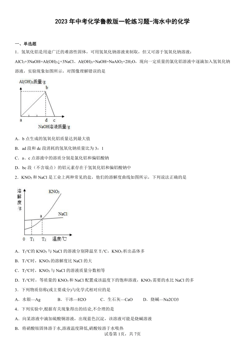 2023年中考化学鲁教版一轮练习题-海水中的化学(含解析)