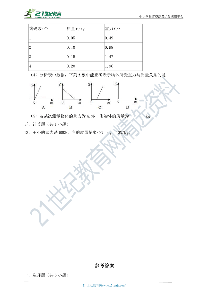 人教版八年级物理下册《7.3 重力》基础训练（含解析）