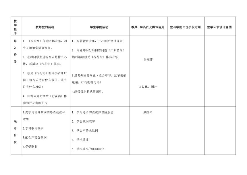 一年级上册音乐教案第16课 欣赏《行花街》花城版（表格式）
