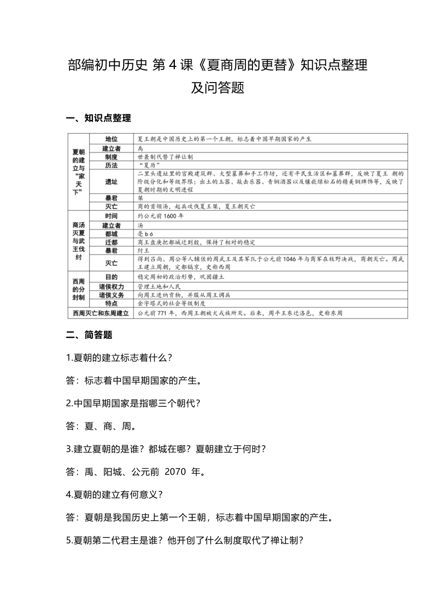 第4课《夏商周的更替》知识点整理及问答题