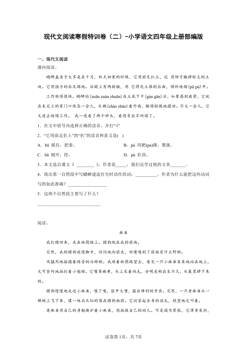 语文四年级上册现代文阅读寒假特训卷（二）（含解析）