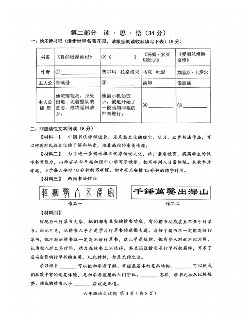 山西省运城市永济市2021-2022学年第二学期六年级语文学业水平测试题（图片版共8页  无答案）