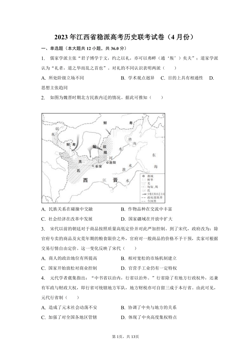 2023年江西省稳派高考历史联考试卷（4月份） 普通用卷（含解析）