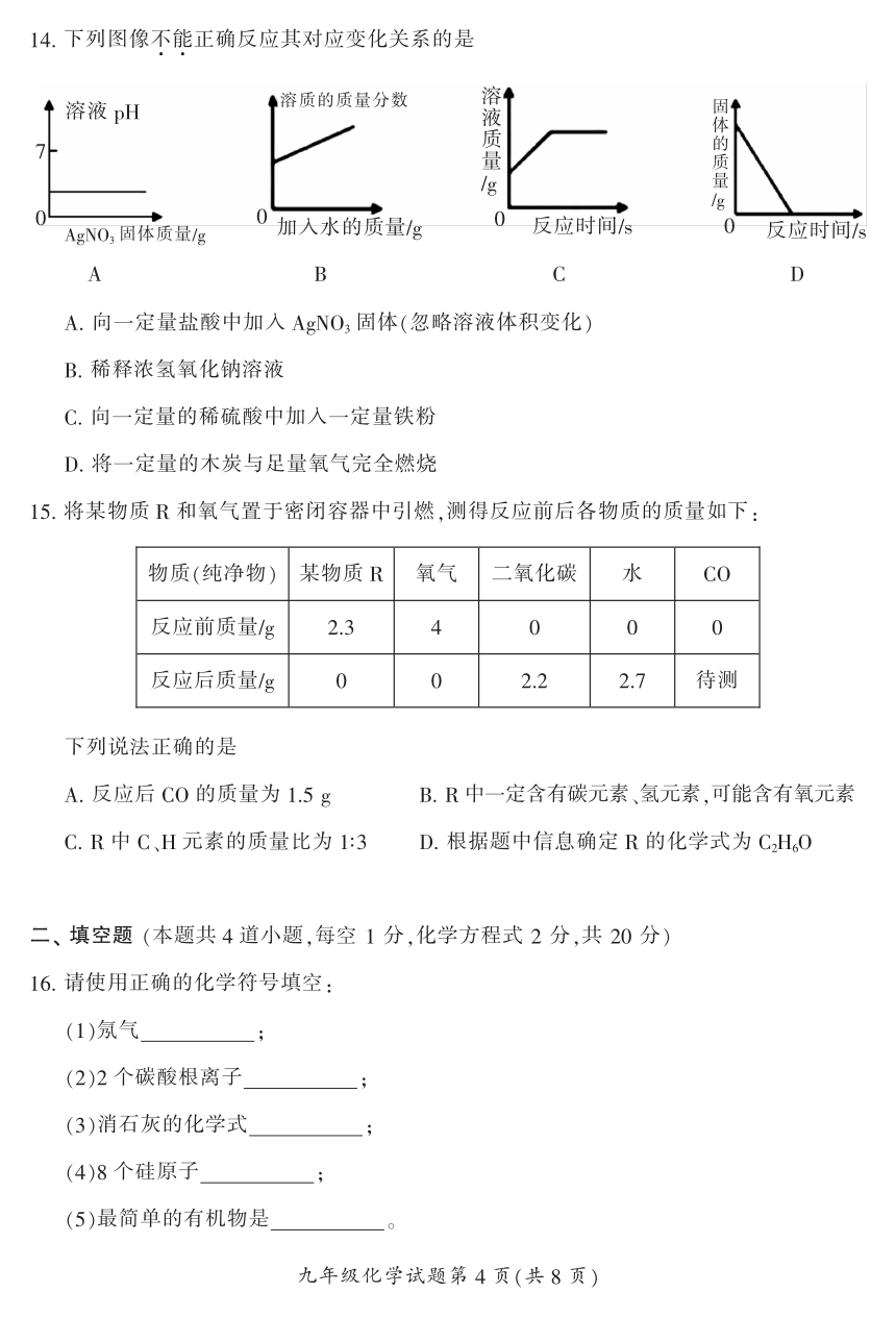2023年湖南省郴州市初中学业水平质量监测化学试卷(图片版 含答案)