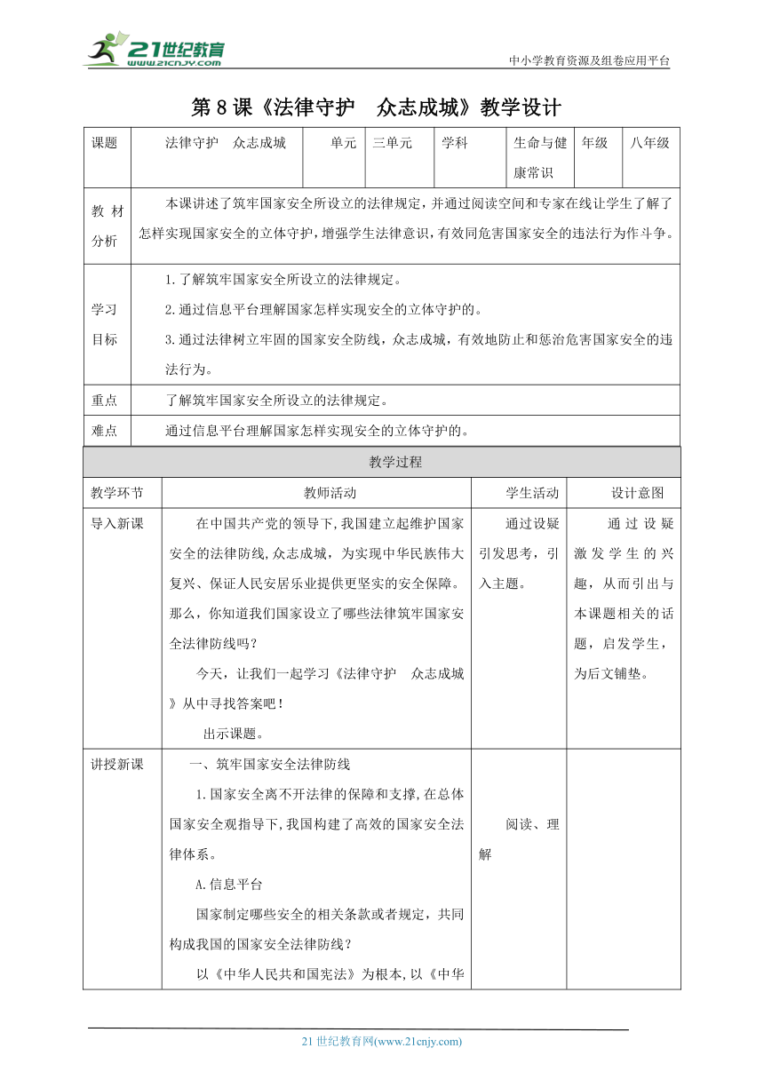 《生命与健康常识》八年级下册  第8课《法律守护  众志成城》教案