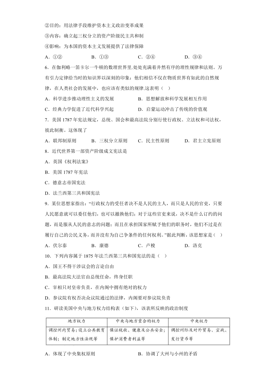 第四单元 资本主义制度的确立 训练--2022-2023学年高中历史统编版2019必修中外历史纲要下册