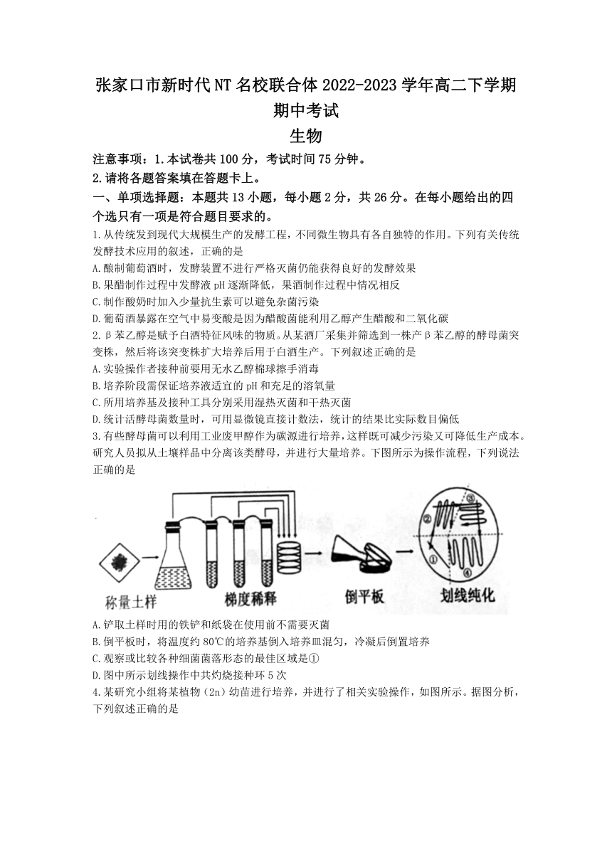 河北省张家口市新时代NT名校联合体2022-2023学年高二下学期期中考试生物学试题（Word版含答案）