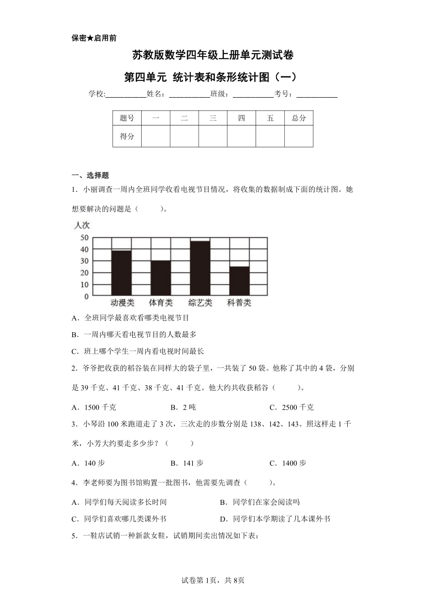 苏教版数学四年级上册单元测试卷-第四单元 统计表和条形统计图（一）（含答案）