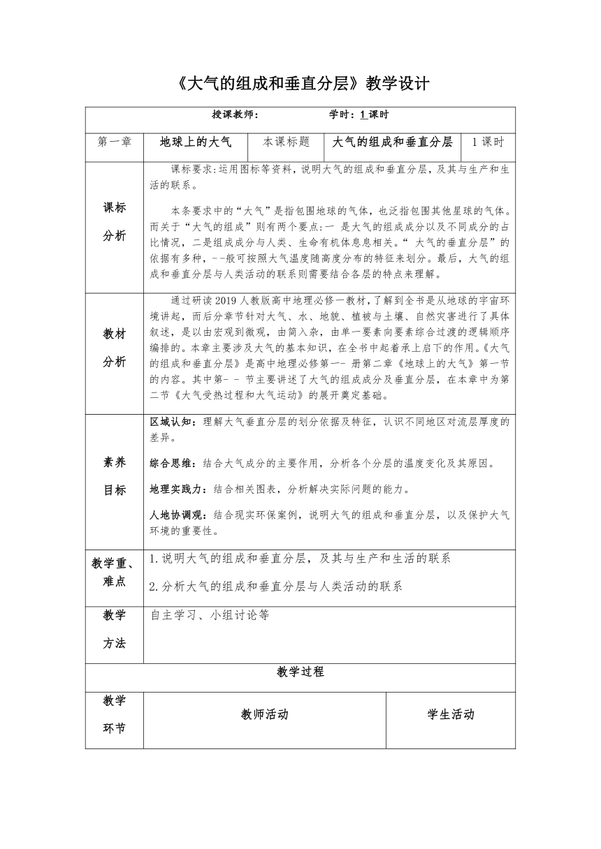 【核心素养】2.1.1大气的组成和垂直分层 表格式教学设计