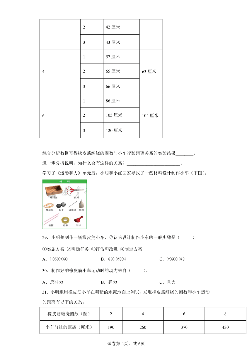 教科版（2017秋）科学 四年级上册 3.3用橡皮筋驱动小车 同步练习（word版 含答案）