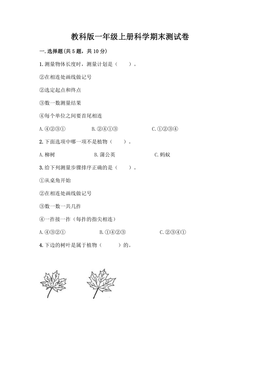 教科版（2017秋）一年级上册科学期末测试卷（含答案）