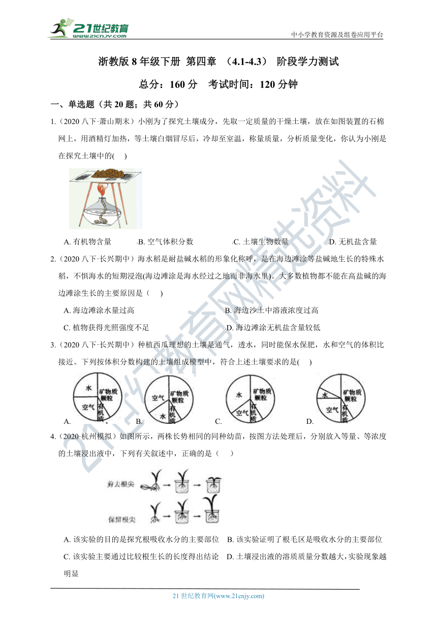 【阶段学力检测】浙教版8年级下册 第4章 植物与土壤（4.1-4.3） 阶段学力测试（含答案）