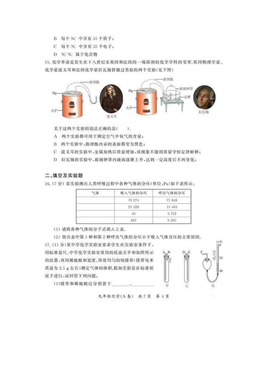 2020-2021年全国第十二届中学生数理化综合实践活动九年级化学学科知识展示试题（A卷）（图片版有答案）